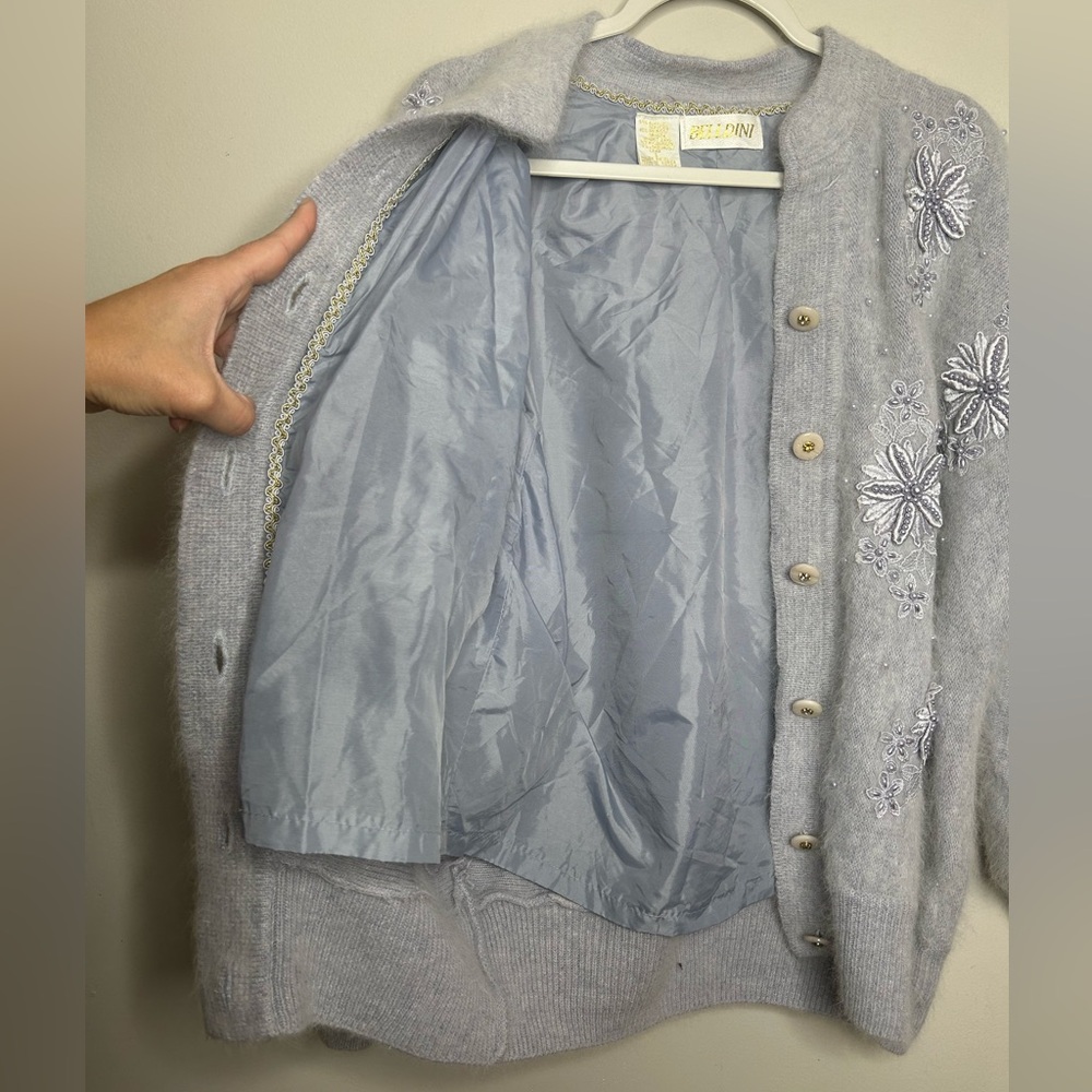 Vintage Pastel Blue Angora Rabbit Hair Lamb Wool Pearl Beaded Cardigan Sweater L - Picture 4 of 10